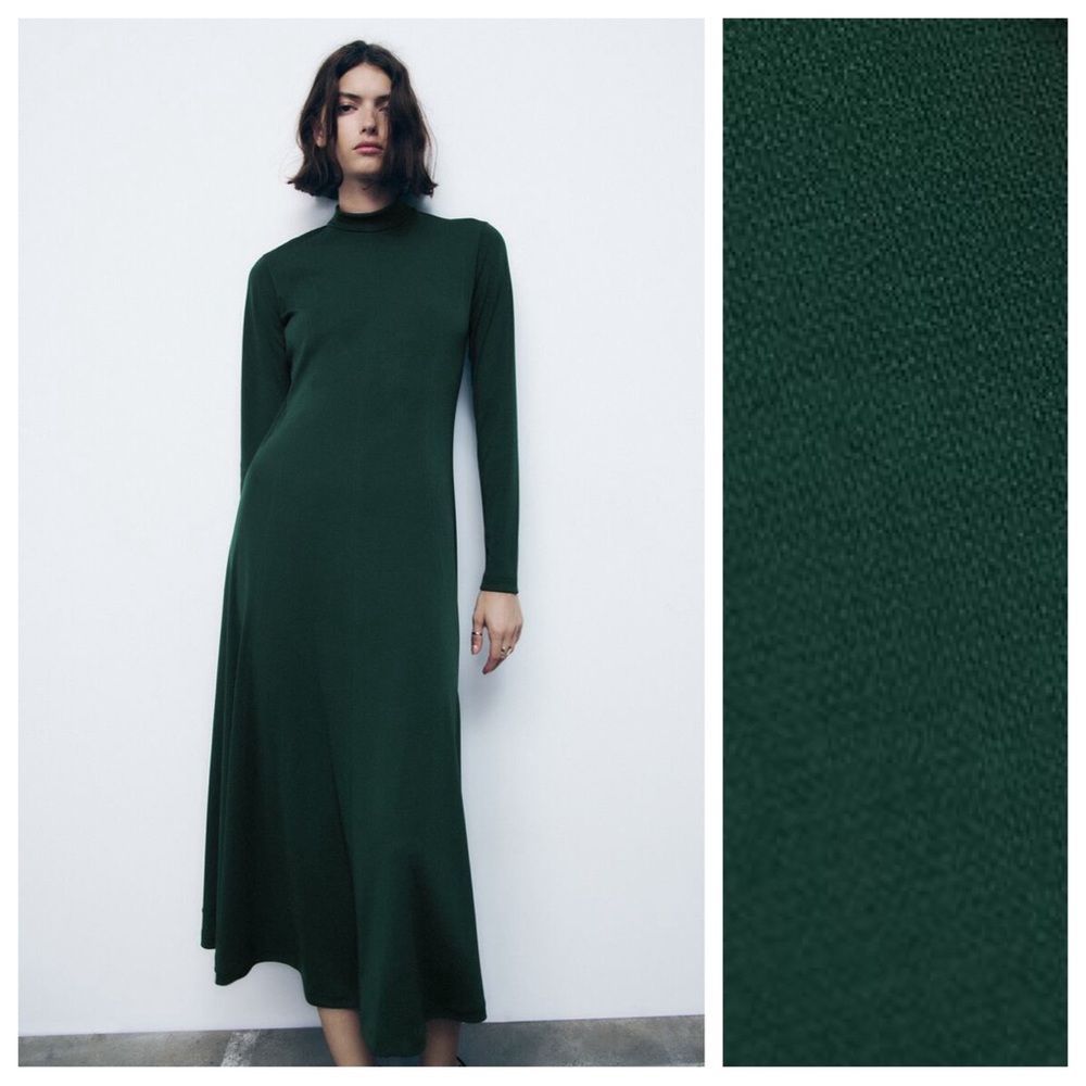 Zara Green Flowing Flared Mock Neck Midi Dress. Size M.